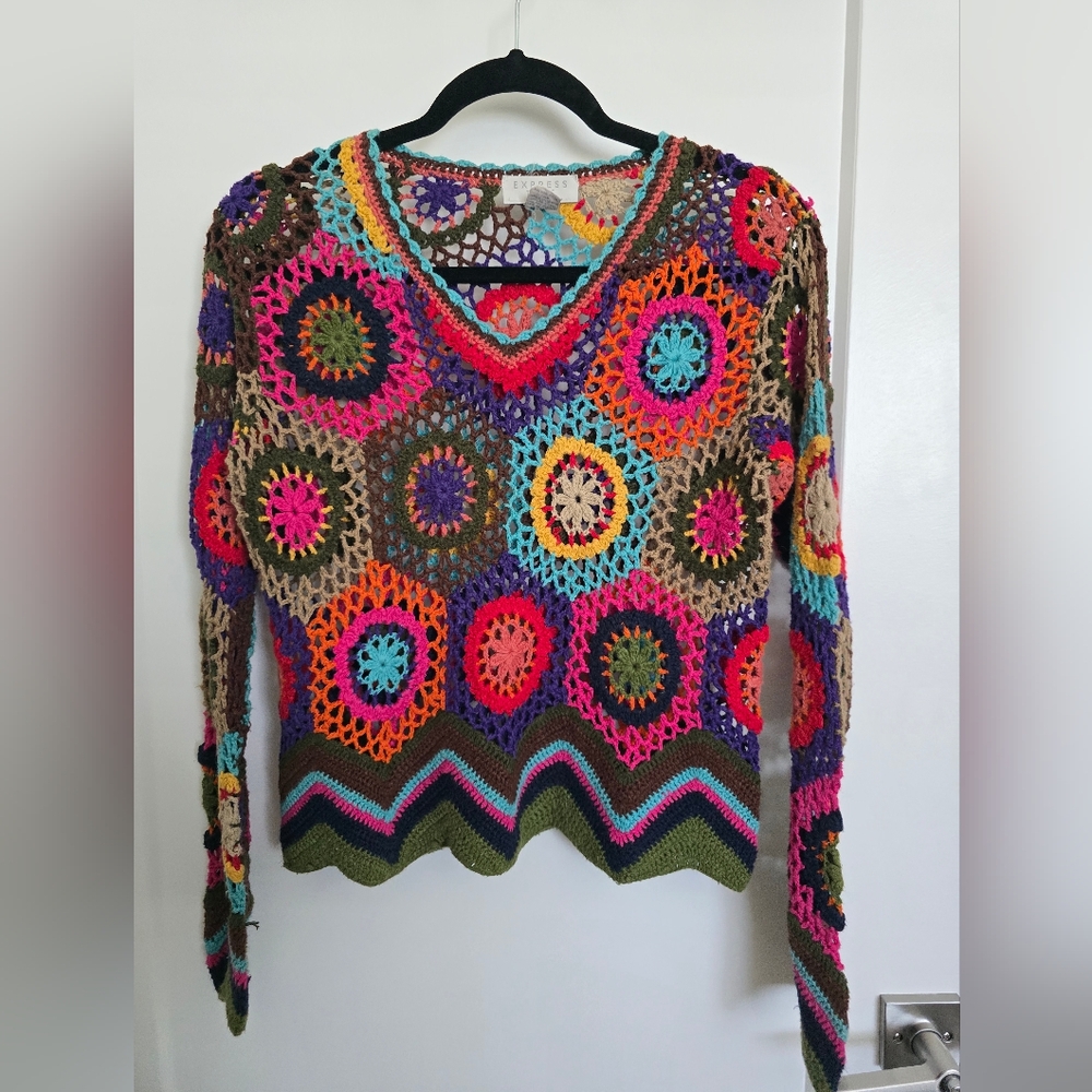 Express Tricot Vintage Multicolor Crochet Women's Sweater Size S